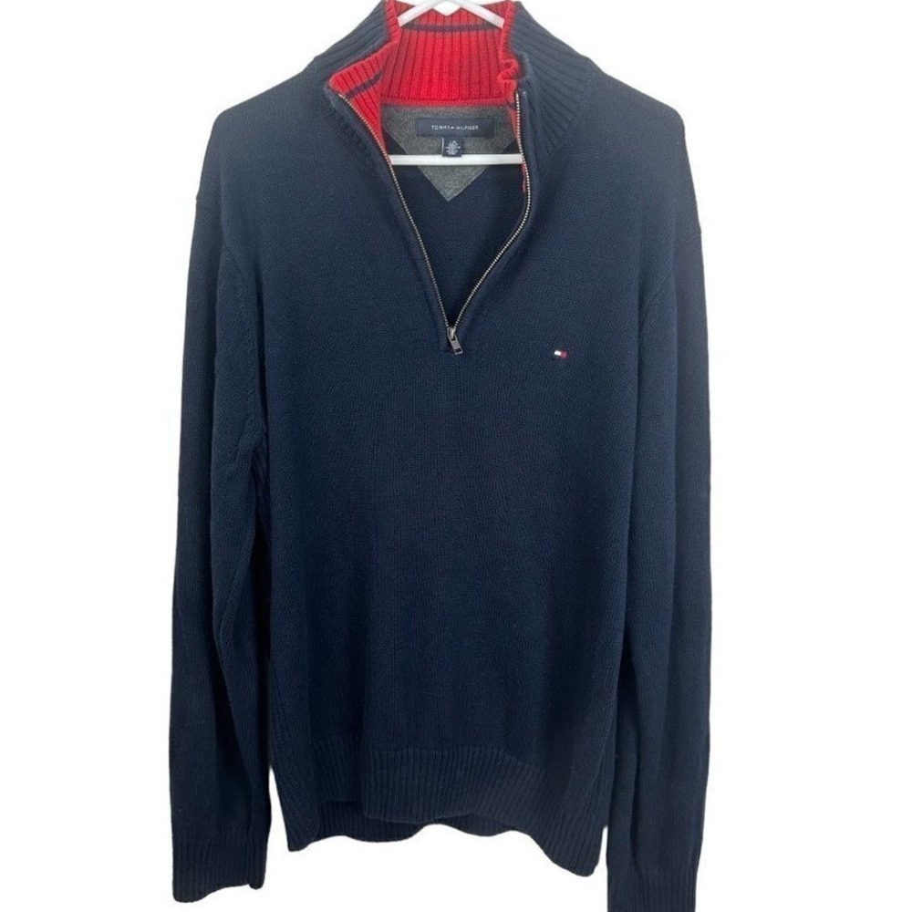 Tommy Hilfiger Mens Navy Blue Quarter Zip Sweater‎ Red Grey Collar Large